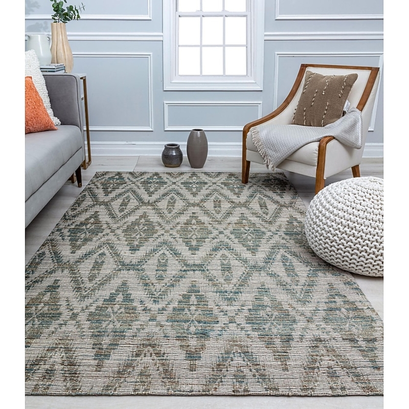 Area Rug Blue Geode Pattern Jute Flatweave Navy Tan