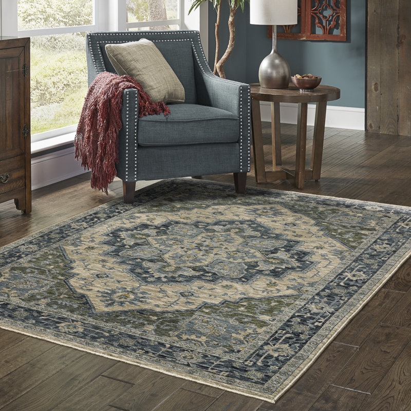 Area Rug Blue Green Distressed Oriental Pattern Low Pile Transitional