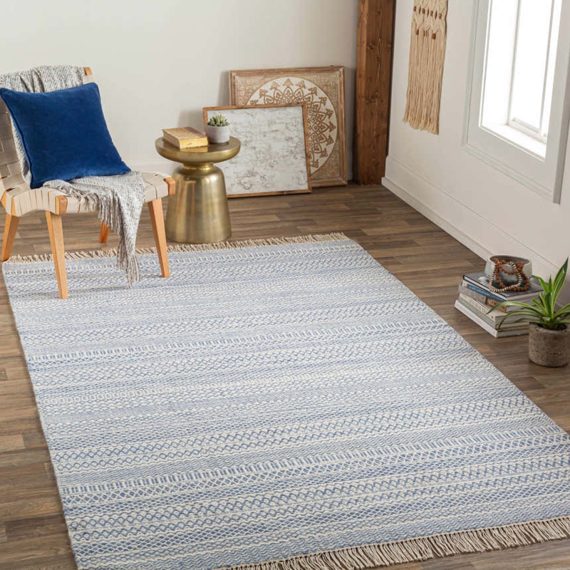 Area Rug Blue Herringbone Flatweave Wool Coastal Living Room Style