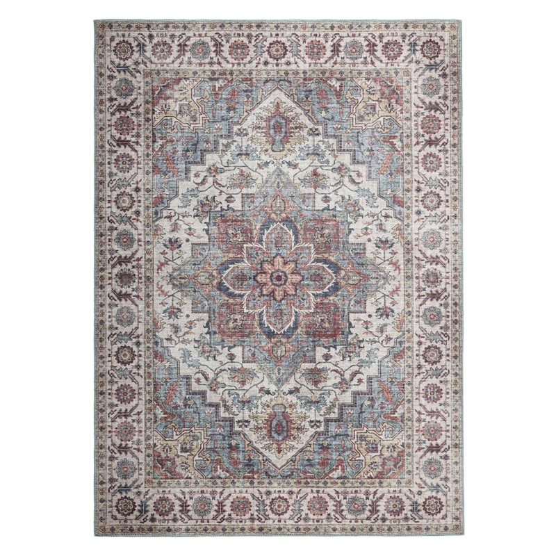 Area Rug Blue Medallion Printed Vintage Look Chenille Style