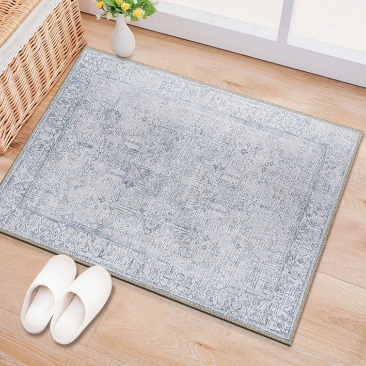 Area Rug Blue Oriental Distressed Ivory Contrast Low Pile Medallion