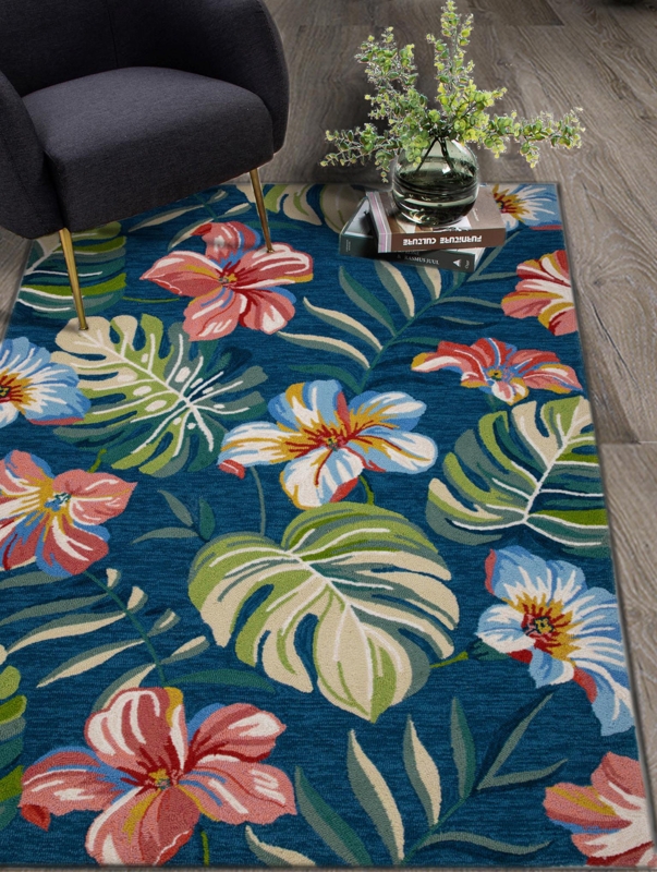 Area Rug Blue Tonal Palette Navy Loop Pile Large Scale Botanical Rug