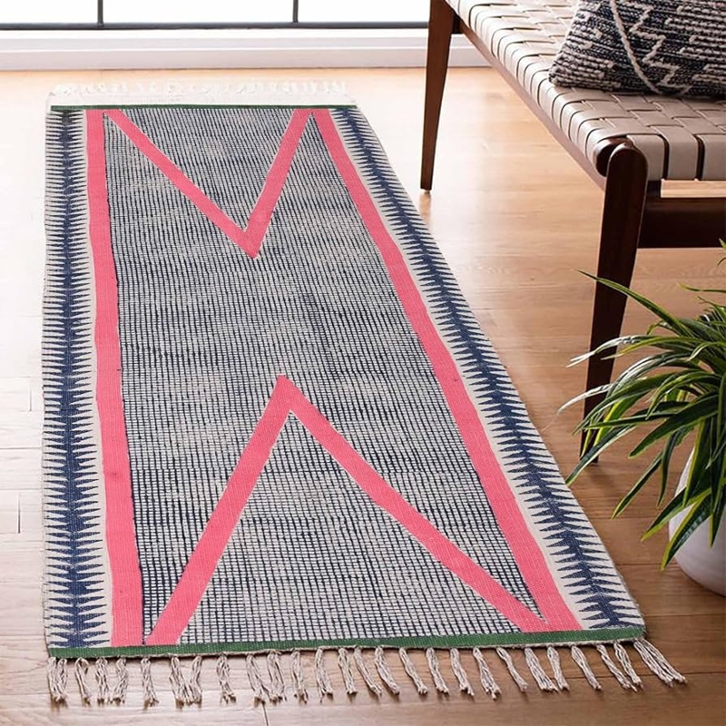 Area Rug Blush Pink Block Print Geometric Tassels Bohemian Decor