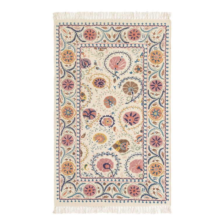 Area Rug Blush Pink Floral Embroidery Bohemian Fringed Ends