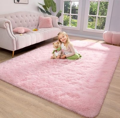 Area Rug: Blush Pink Fuzzy Surface, High Pile Nursery Decor