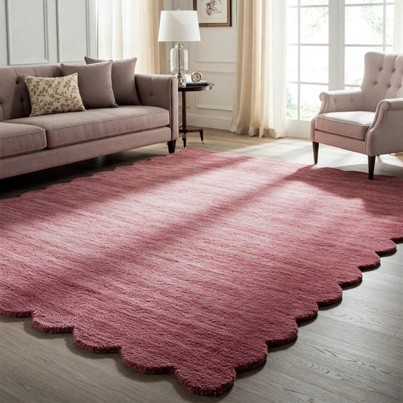Area Rug Blush Pink Scalloped Edge Plush Pile Hand Tufted