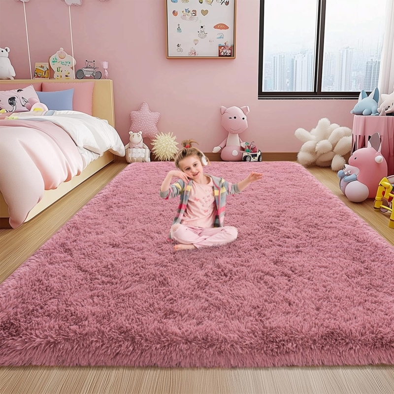 Area Rug: Blush Pink Shag High Pile Texture, Airy Nursery Flooring