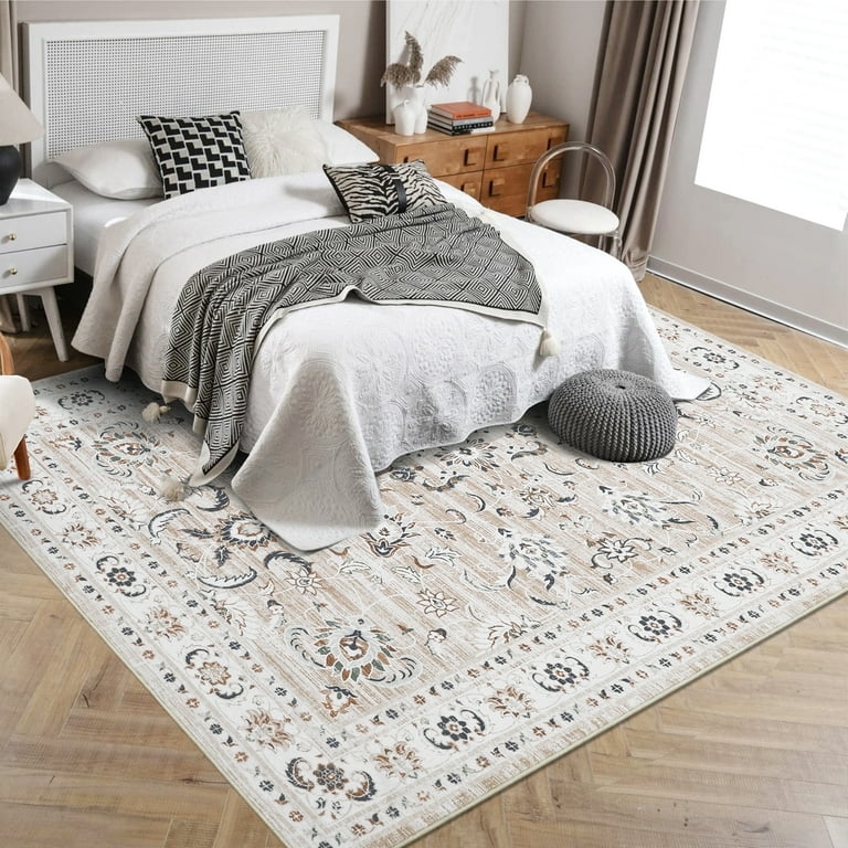 Area Rug Blush Tan Distressed Floral Pattern Medallion Vintage Decor