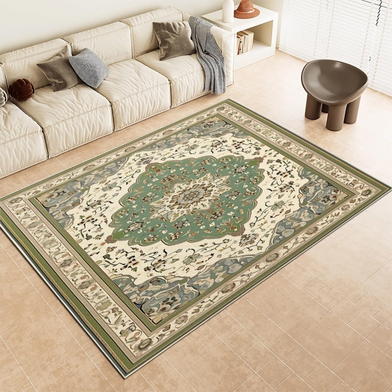 Area Rug Bohemian Distressed Botanical Print Dark Green Moody Living Room