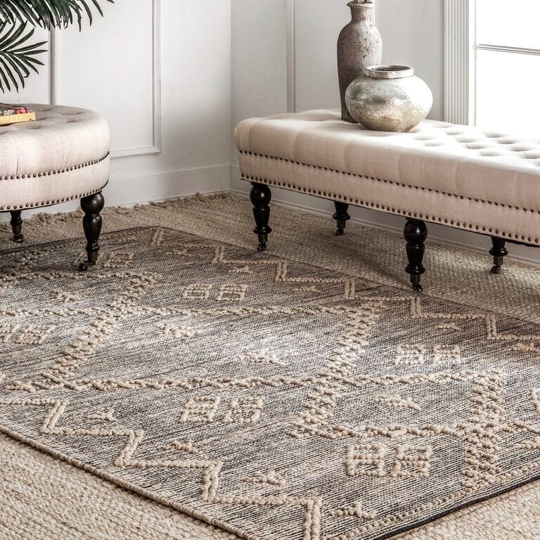 Area Rug Bohemian Gray Ivory Jute Flatweave Oversized Diamond