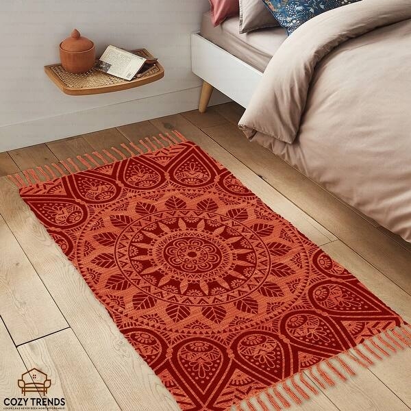 Area Rug Bohemian Mandala Sunburst Print Knotted Tassels Navy Cream