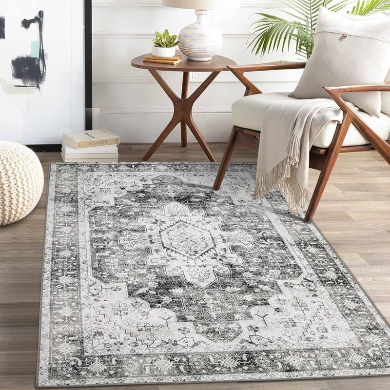 Area Rug, Boho Charcoal Medallion Ultra Thin, Vintage Gray Area Rug Decor