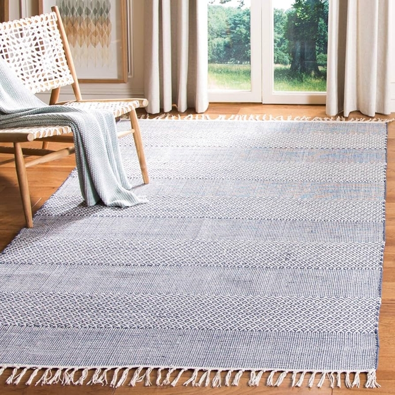 Area Rug Boho Coastal Navy Chevron Weave Knotted Ends Tassel Fringe