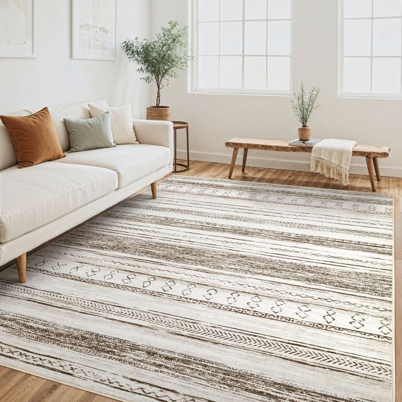 Area Rug: Boho Distressed Geometric Pattern, Neutral Trellis Design.