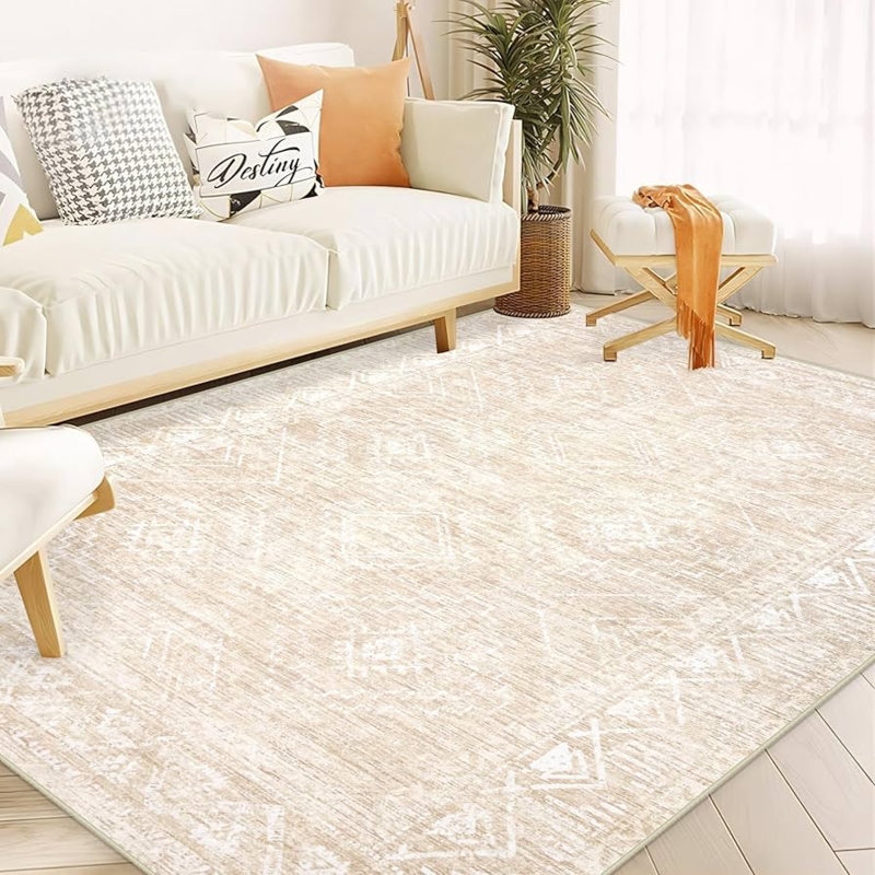 Area Rug Boho Farmhouse Distressed Diamond Pattern Beige Living Room