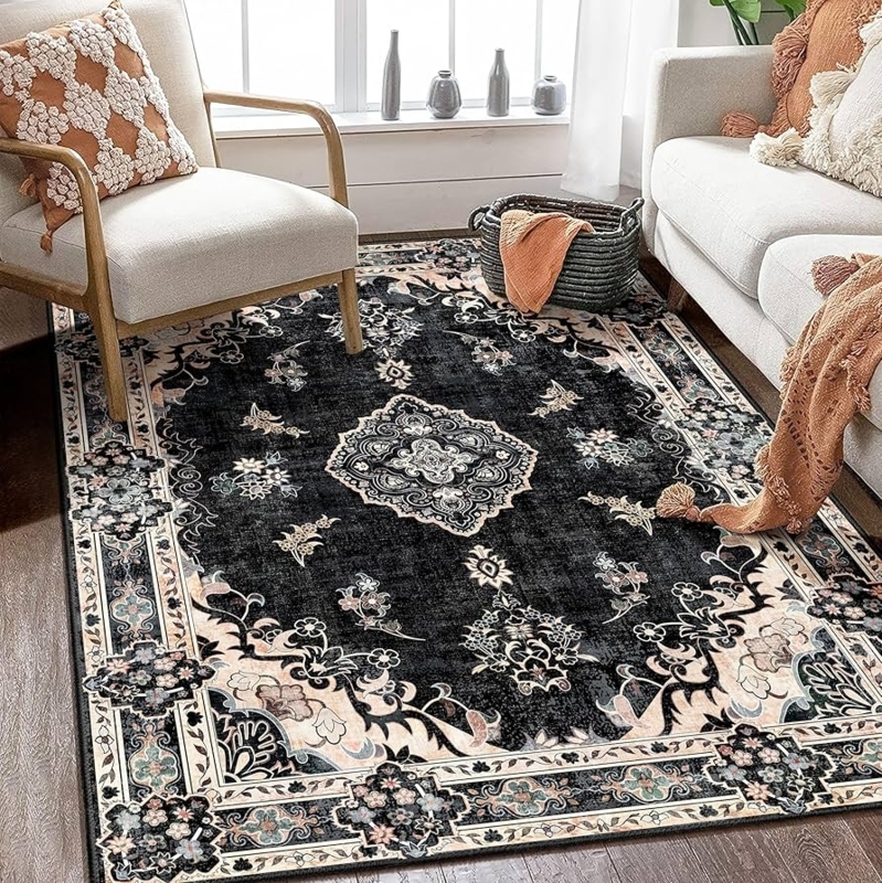 Area Rug Boho Floral Design Distressed Black Pattern Woven Fabric