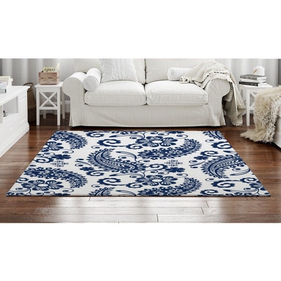 Area Rug Boho Floral Floor Mat Blue White Transitional Decor