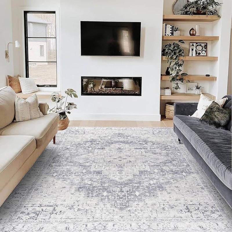Area Rug Boho Geometric Cream Slate Distressed Pattern