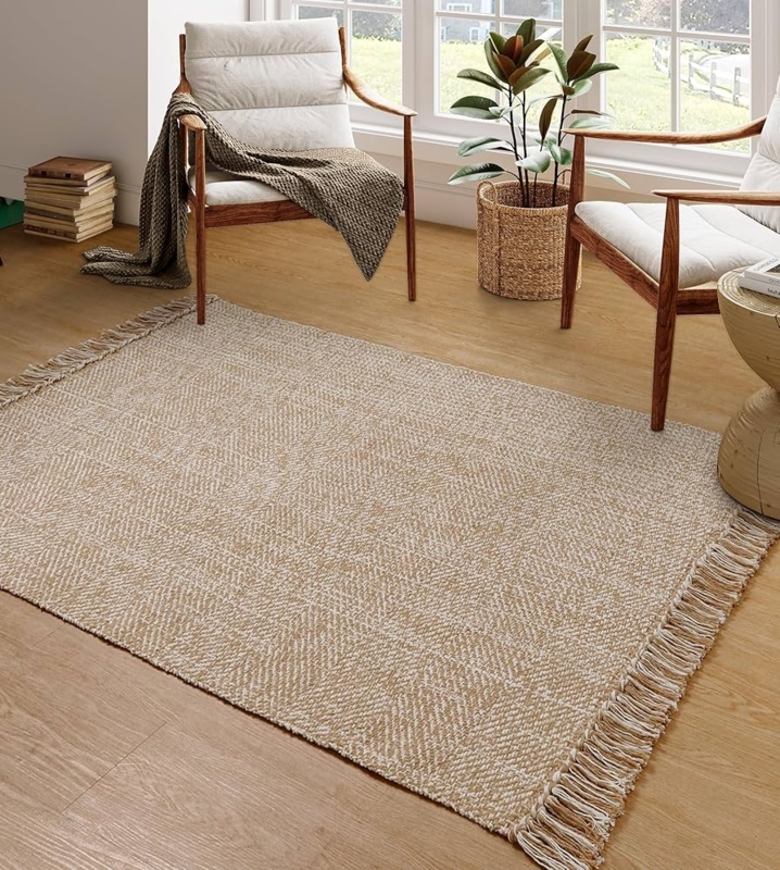 Area Rug Boho Geometric Diamond Woven Texture Tasseled Fringe Tan
