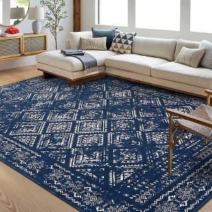 Area Rug Boho Oriental Pattern Distressed Navy Low Pile Decor