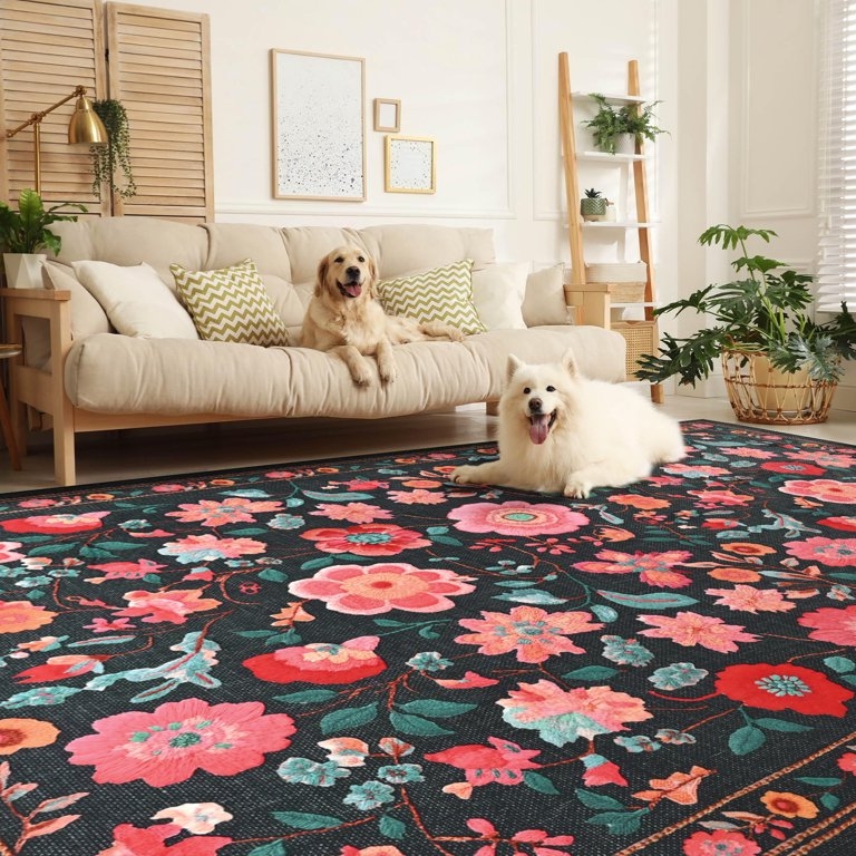 Area Rug Bold Floral Pattern, Dark Ground Contrast, Large Scale Motif, Transitional