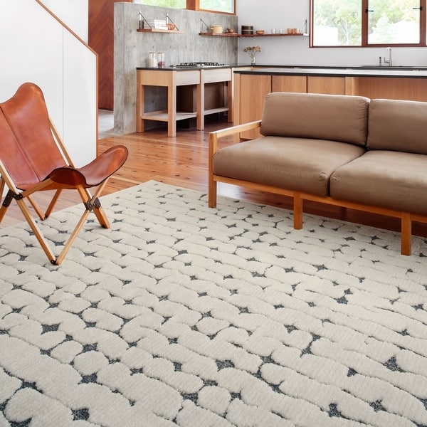 Area Rug Bold Geometric Motif Block Print Gray And Cream