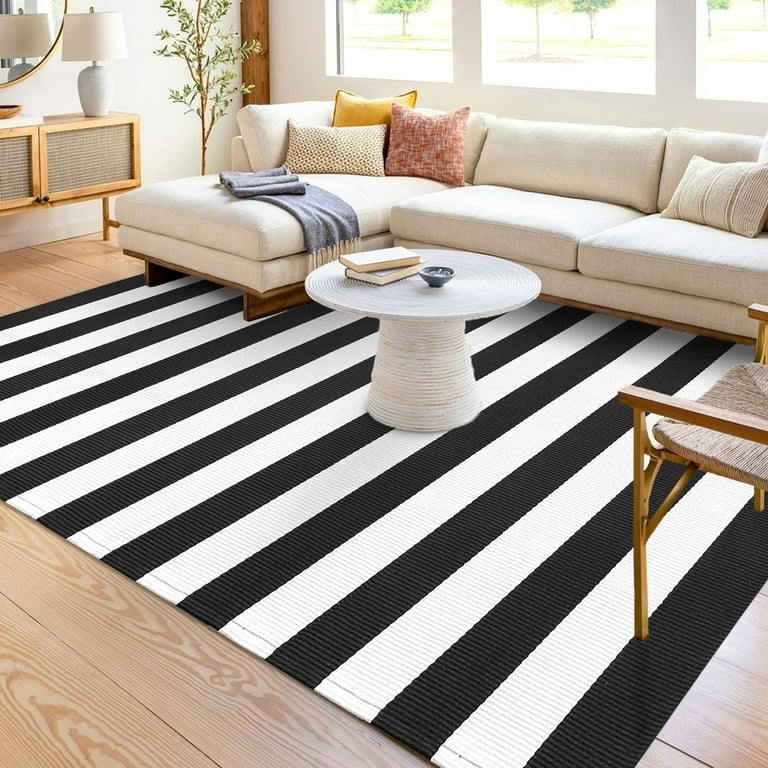 Area Rug Bold Horizontal Stripes Washable Flatweave