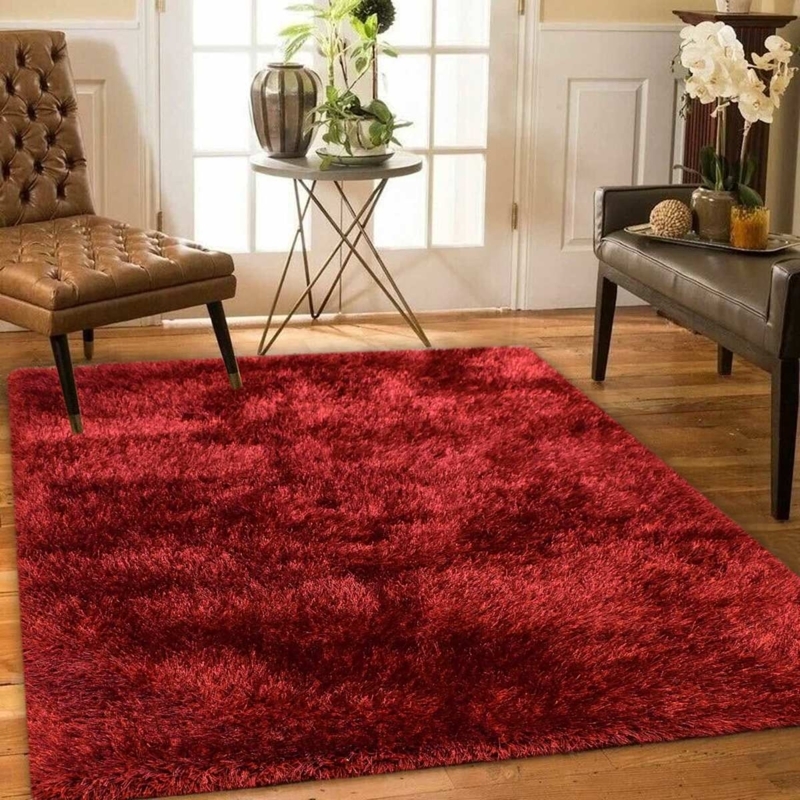 Area Rug Bold Red Shag Texture High Pile Glam Studio Setting