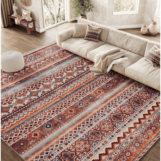 Area Rug Bold Red Stepped Geometric Aztec Living Room