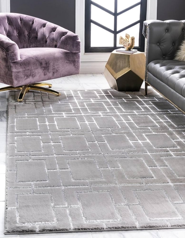 Area Rug Bold Trellis Design Shimmering Silver Tone Large Scale Pattern