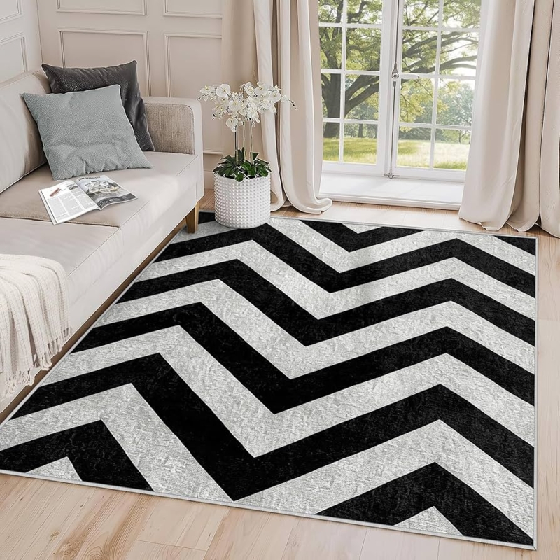 Area Rug Bold Zigzag Pattern Monochrome Minimalist Living Room Decor