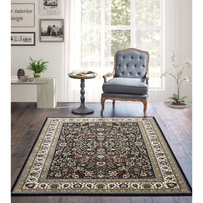 Area Rug Botanical Border Black Ground Oriental Floral