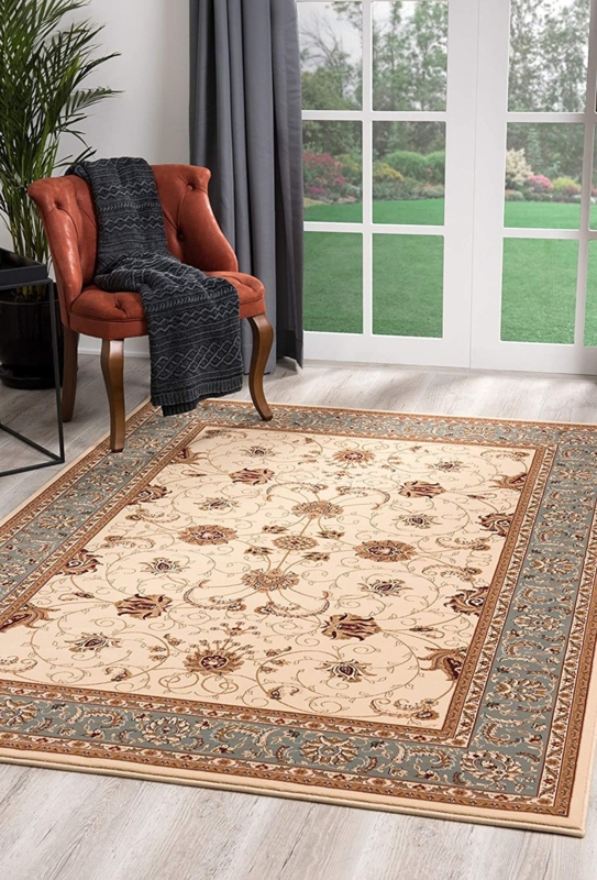 Area Rug Botanical Border Terracotta Accents Traditional Cream