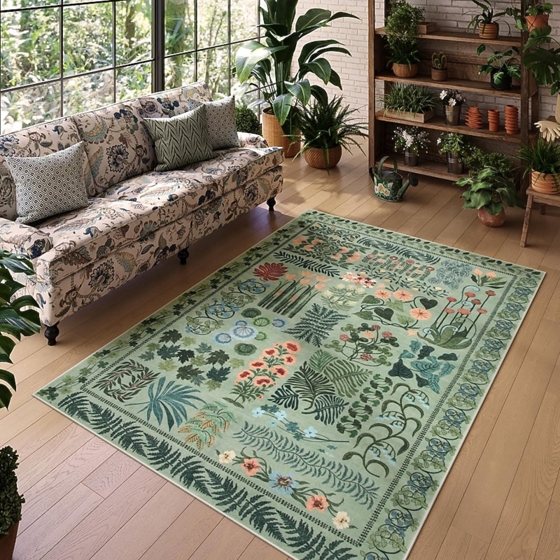 Area Rug Botanical Fern Patchwork Mung Bean Green Velvet Vintage