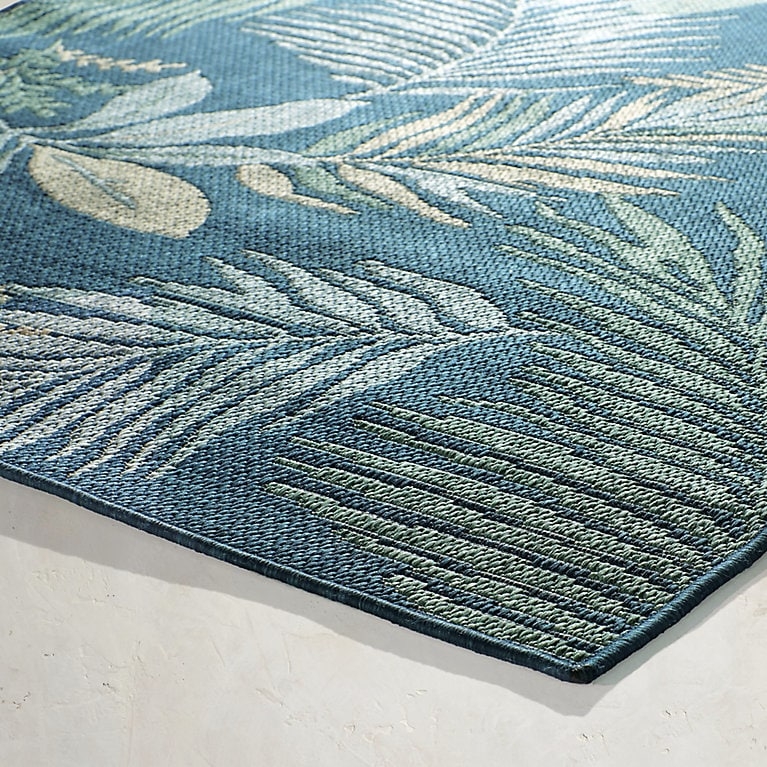 Area Rug Botanical Frond Pattern Coastal Flat Weave Navy Blue