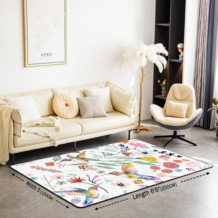 Area Rug Botanical Hummingbird Motif Wide Floral Border Navy Background