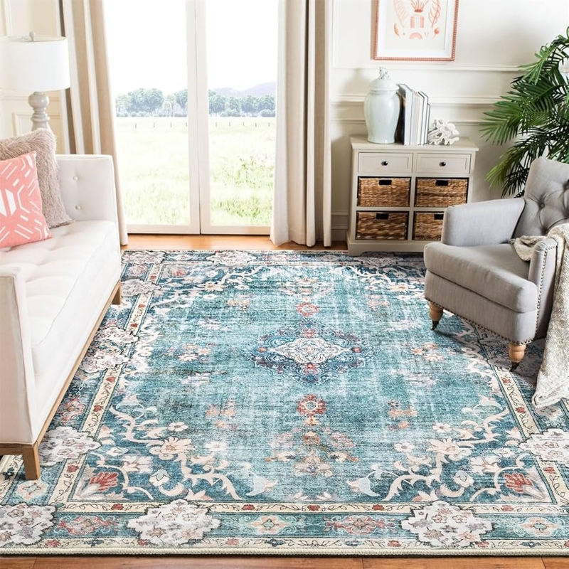 Area Rug Botanical Motifs Teal Floral Pattern Farmhouse Bohemian