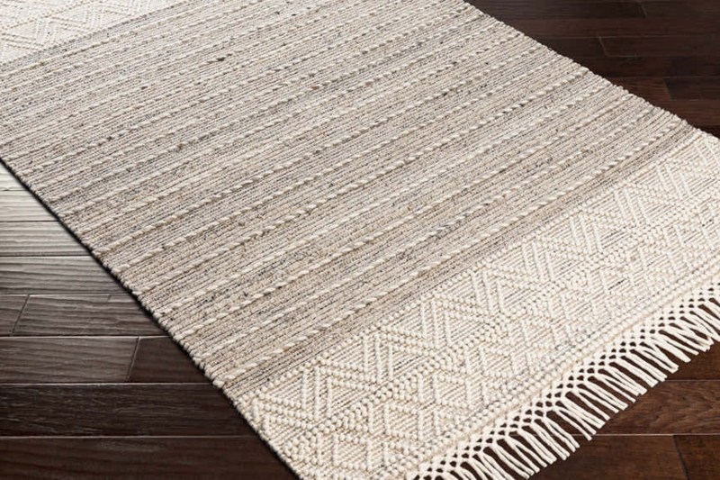 Area Rug Braided Corner Tassels Chunky Braided Weave Cream Wool Blend