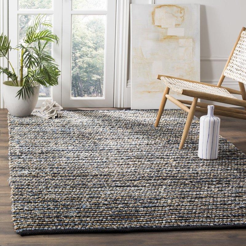 Area Rug Braided Denim Jute Striped Blue Tan Coastal Farmhouse