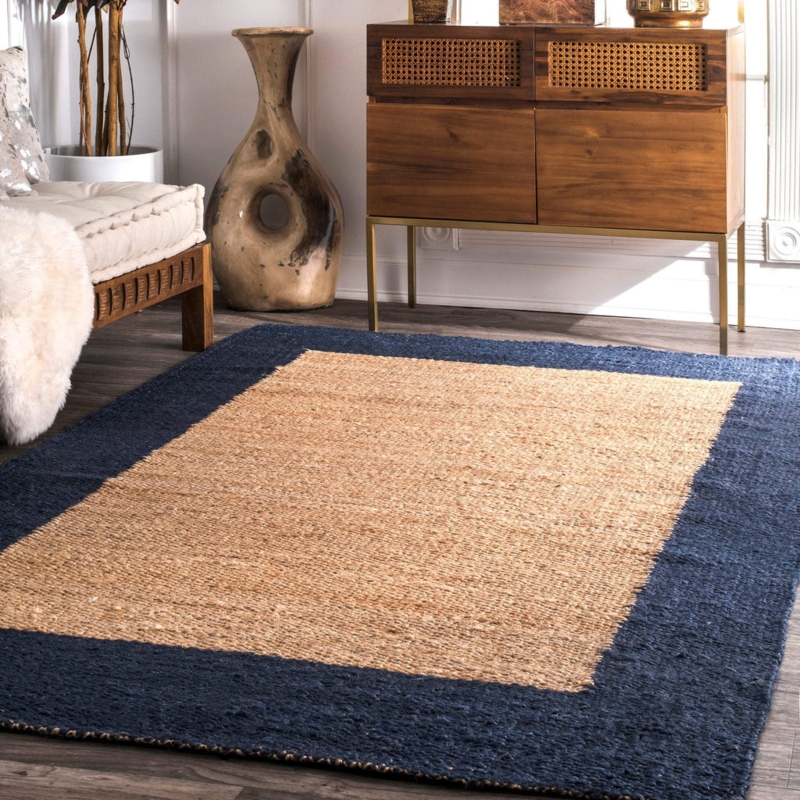 Area Rug Braided Hemp With Navy Blue Border Natural Fiber Scandinavian