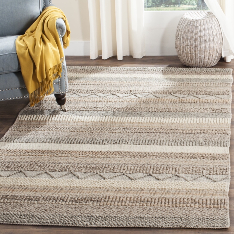 Area Rug Braided Striped Wool-Like Beige, Coastal Farmhouse Floor Decor