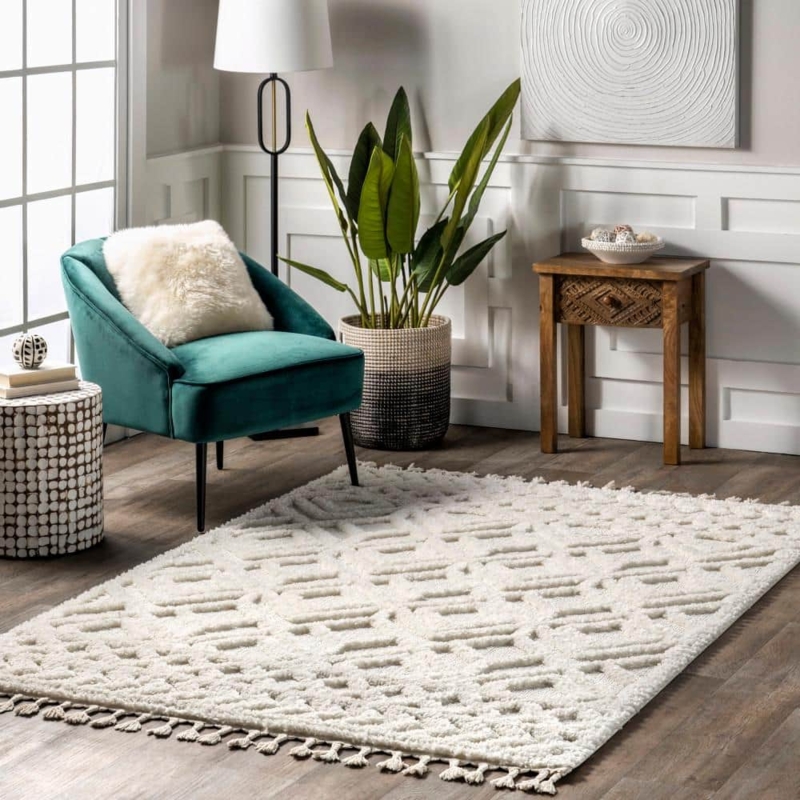 Area Rug Braided Tassels High Low Pile Charcoal Lattice Geometric