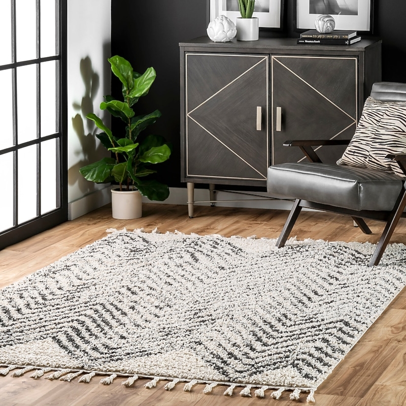 Area Rug Braided Tassels Moroccan Chevron Off White Bohemian Style