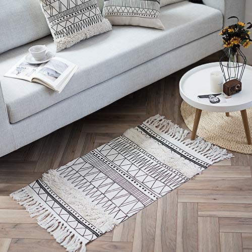 Area Rug Braided Tassels Tribal Geometric Pattern Ivory Boho Decor