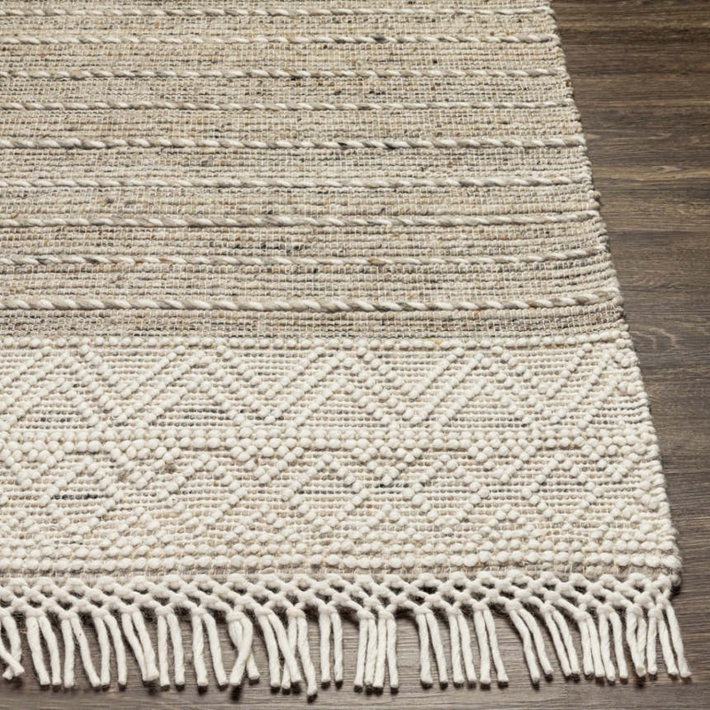 Area Rug Braided Texture Knotted Tassels Cream Wool Blend Boho Coastal