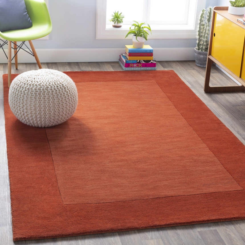 Area Rug Brick Red Bordered Design Wool Like Low Pile Earthy