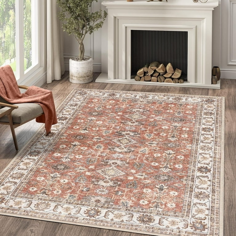 Area Rug Brick Red Palette Persian Medallion Low Pile Traditional