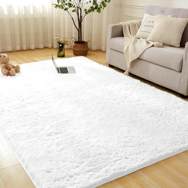 Area Rug Bright White High Pile Fluffy Surface Scandinavian Style
