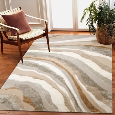 Area Rug Bronze Wave Pattern High-Low Texture, Mid-Century