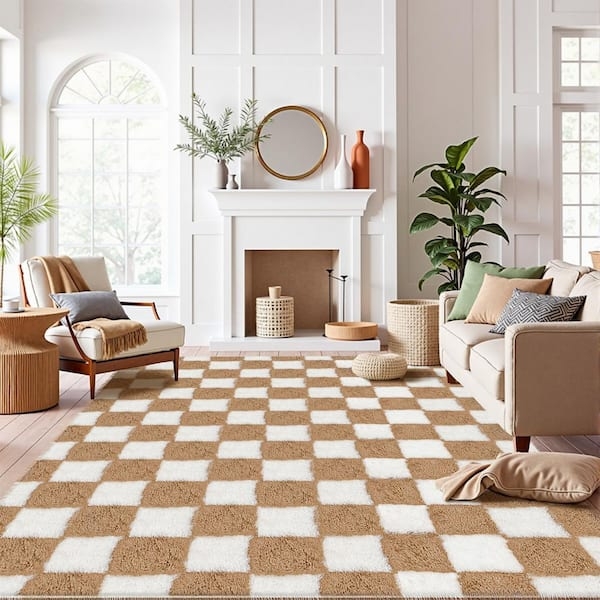 Area Rug: Brown Checkerboard Shag Texture Plush Mid-Century Style